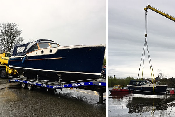 "Amie" arriving from Holland, hanging on for dear life and finally afloat and well on the river Dee.