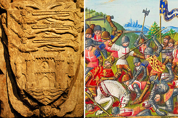 The arms of the city of Bordeaux under English rule (left) - The death of John Talbot, Earl of Shrewsbury at the battle of Castillon 1453 (right) ending English rule