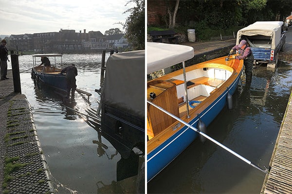 Loading "Blue Duck" on the slipway.