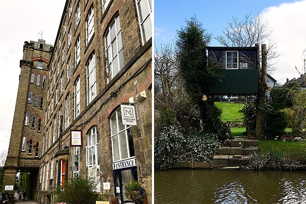 Clarence Mill (top left) is a former cotton spinning mill in Bollington, built in the 1830's - (top right and bottom) Colourful boats and a tree house along the Macclesfield canal.