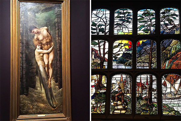 The Depths of the Sea, watercolour by Burne-Jones 1887 (left) - Stained glass in Lord Astor's London house (right)