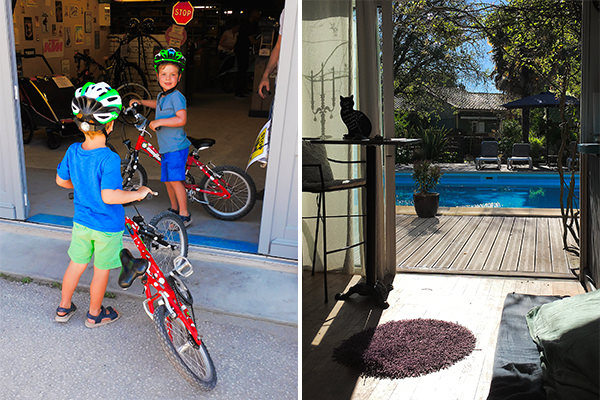 Our grandsons geared up for a bicycle ride (left) - The view from our home-away-from-home for the week (right)