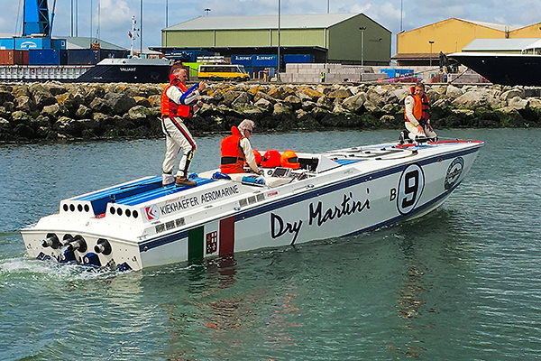 A Martini sponsored racing boat in Poole harbour.