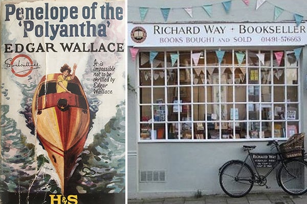 The cover of "Penelope of the Polyantha" (left) and Way's bookshop store front (right)