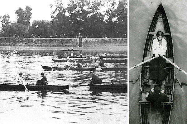 Lucy Pocock training for the sculling championship (right) and participating in the race (left)