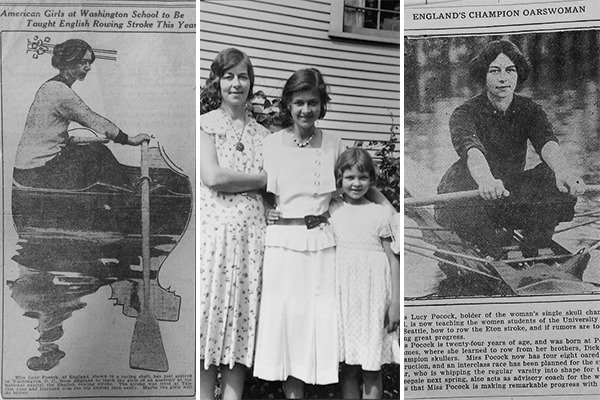 Newspaper clippings related to her appointment as rowing coach at Washington State University (left & right) - Lucy with her two children later in life (centre)