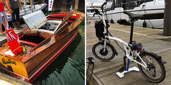 One of the few wooden boats at the show (left) - My handy Brompton Electric bike (right)