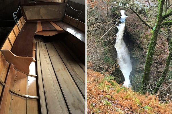 The beautiful skiff we visited in Cumbria (left) and Aira Falls (right)