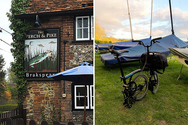 South Stoke pub "The Perch & Pike" (left) - Brompton electric folding bike (right)