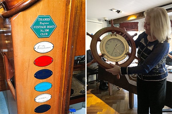 Thames Vintage Boat Club plaques on a boat (left) - Jane Percival, editor of The Boater magazine, receiving an award (right)