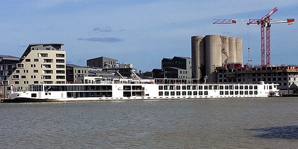 A Viking cruise ship being painted.