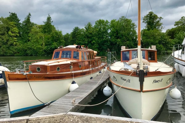 "Fleury II" berthed on the Thames near Marlow.