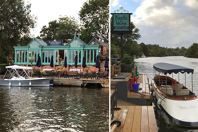 The Beetle & Wedge riverfront (left) and our beloved "Sapphire Rose" ready for hire (right)