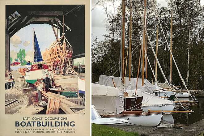 East Coast Boatbuilding - A promotional railway poster from 1947 by Frank Mason (left) - A wintry Broadland scene (right)