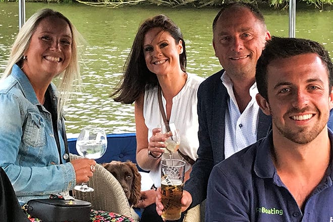 Happy customers enjoying an outing on "Sapphire Rose" from The Beetle & Wedge in Moulsford, skippered by David (who was in charge of PureBoating this season).