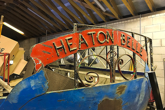 "Heaton Belle" neglected in a dry boathouse.