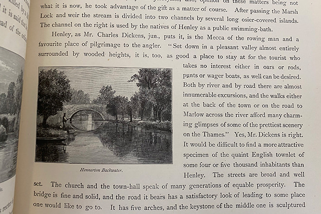 Engraving of the Hennerton backwater - a plate and text from a book simply named ‘The Thames’ bound in red Morocco leather.
