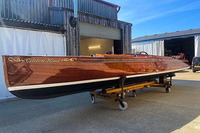 'Golden hind' emerges from the workshop into the sunshine.