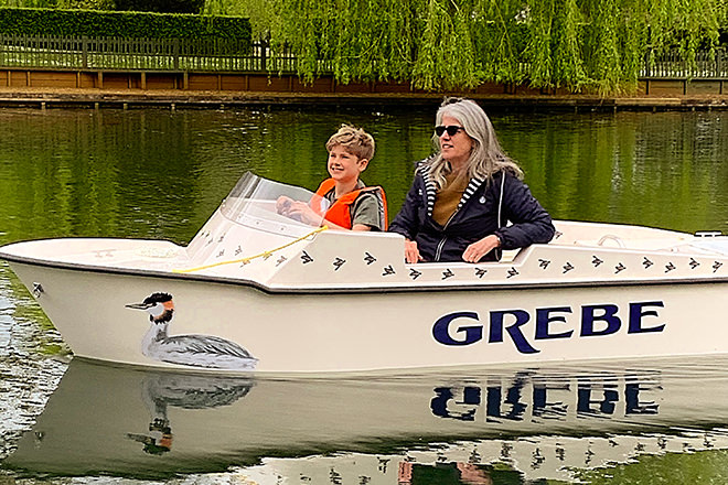 'Grebe' is one of 4 mini electrically powered boats we hire out on the inner boating lake at Beale Wildlife Park.