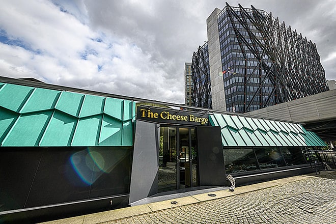 The Cheese Barge - moored on The Regent's Canal - serving a seasonal cheese-focused menu.