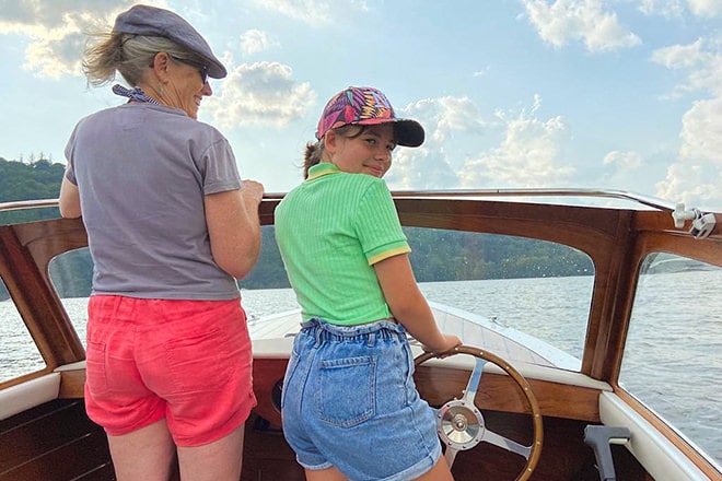 My granddaughter Heidi and I at the helm of 'Jemima' during our Lake District staycation.