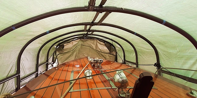 Inside a floating boat house