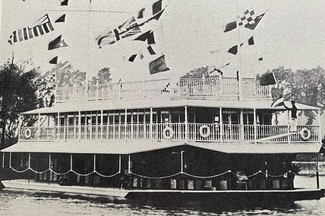 The enormous houseboat named 'Satsuma' at her home mooring in Hampton. Back in the day houseboats were moved by tug to different locations for regattas. (from 'Victorians on the Thames')