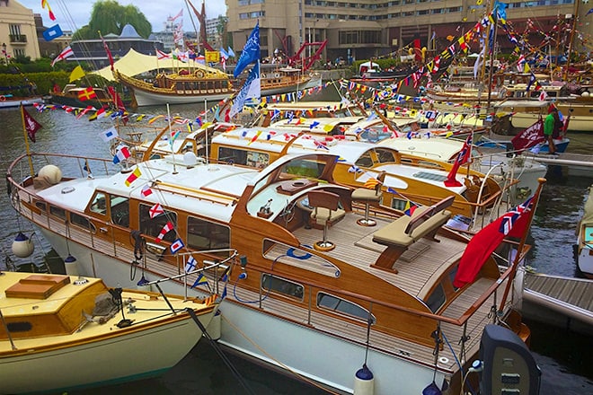 'New Venture' amid other traditional craft, including 'Gloriana', at St. Katherine Docks in London.