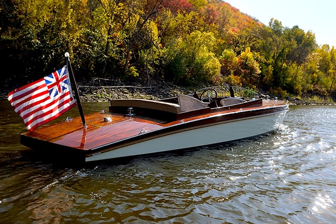 Kit Richardson's American-built slipper stern launch inspired by his love of the Thames and our historic boat designs - note the unique ensign.
