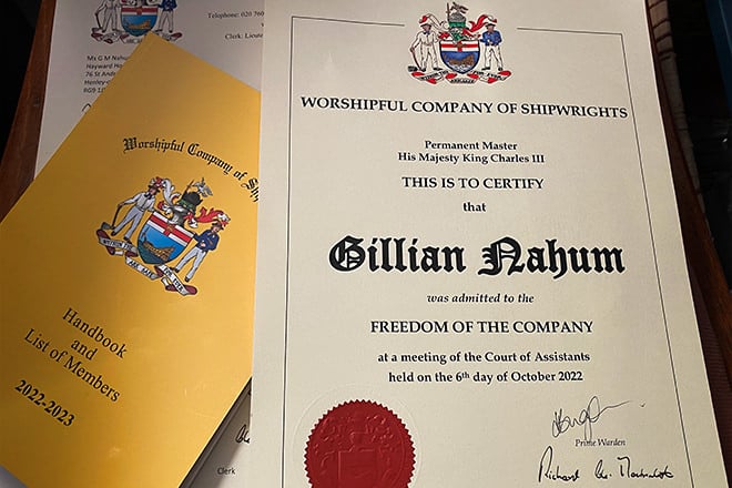 The Worshipful Company of Shipwrights certificate of admission.