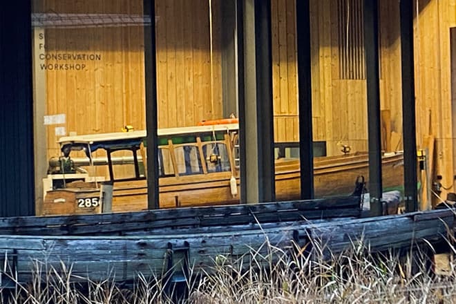 A beautiful Borwicks saloon launch (photo taken through the museum window)