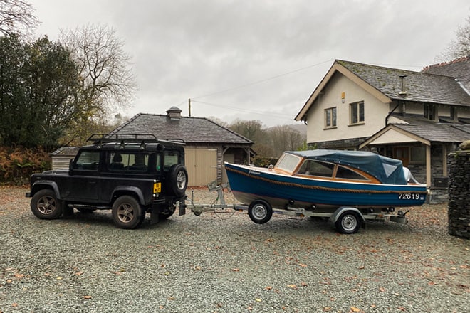'Jemima' coming up on her trailer from her jetty on Lake Windermere for a good clean and winter storage at the owners' home.