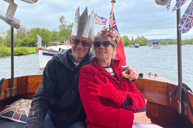Gillian and Steve having a royally good time at the Coronation Flotilla.