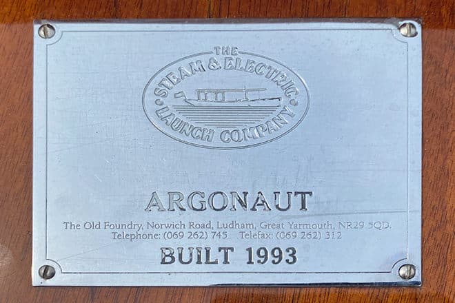 The Steam and Electric Launch Company plaque on 'Argonaut'