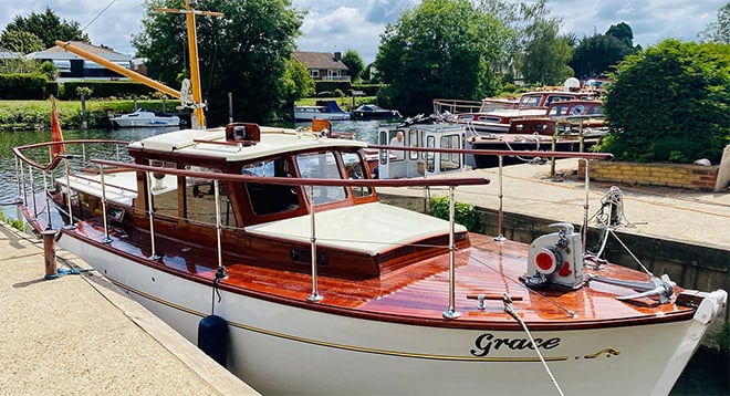 "Grace" - a glorious motor cruiser, finished to an exceptional level of comfort and a very stylish interior, twin motors and a shallow draft - ideal for both coastal and inland waterway cruising