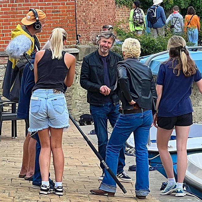 Sarah Beeny and husband Graham Swift, and their film crew