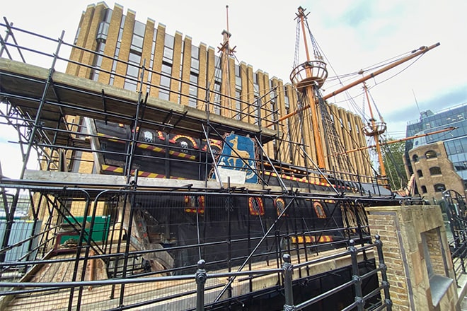 The 'Golden Hinde II' is currently surrounded by scaffolding