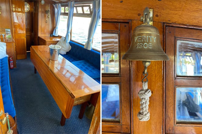'Verity's' classic interior (left) and original ship's bell (right)