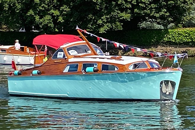 'Talisman IV' showing off her turquoise hull at the Thames Traditional Boat Festival