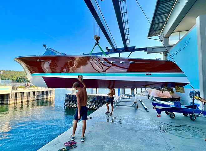 Our customer's Riva gets launched ready for a glorious summer on an Italian lake