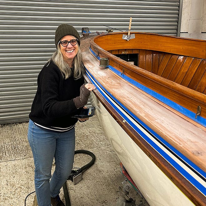 Gillian lending a hand getting 'Spirit X' ready for the 2025 season at Coppa / The Great House in Sonning.