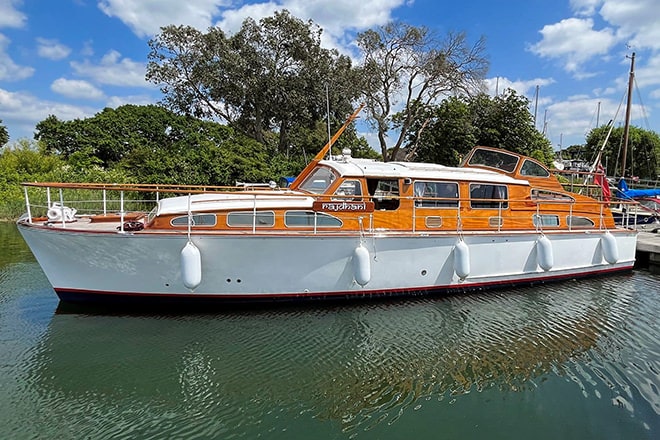 Looking for a new owner with HSC's help:
'Rajdhani' - a 1962 40ft Bates Star Craft Thames 'super yacht'
(as Boat International once described her)