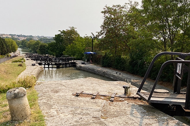The Fonseranes lock flight on the Canal du Midi, with its series of oval-shaped chambers and gates.